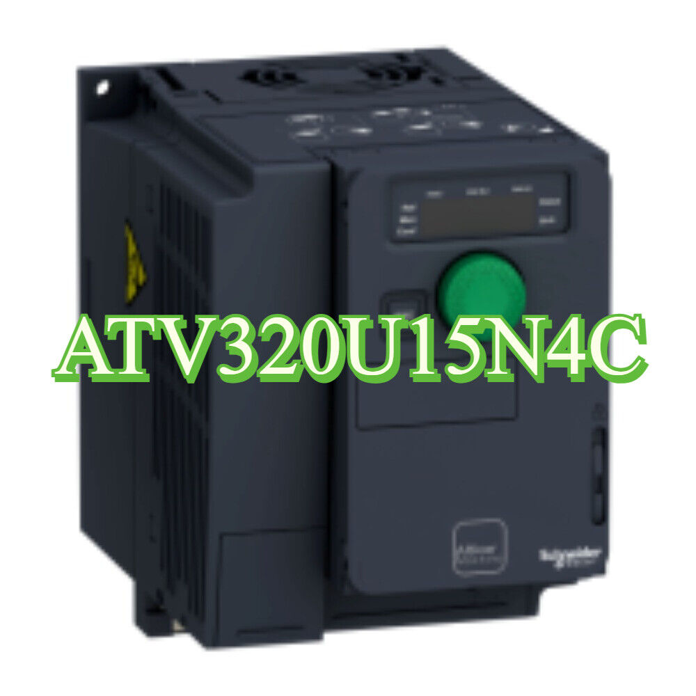 Schneider Electric ATV320U15N4C variable speed drive. Compact design, black and green color, with product name text overlay.