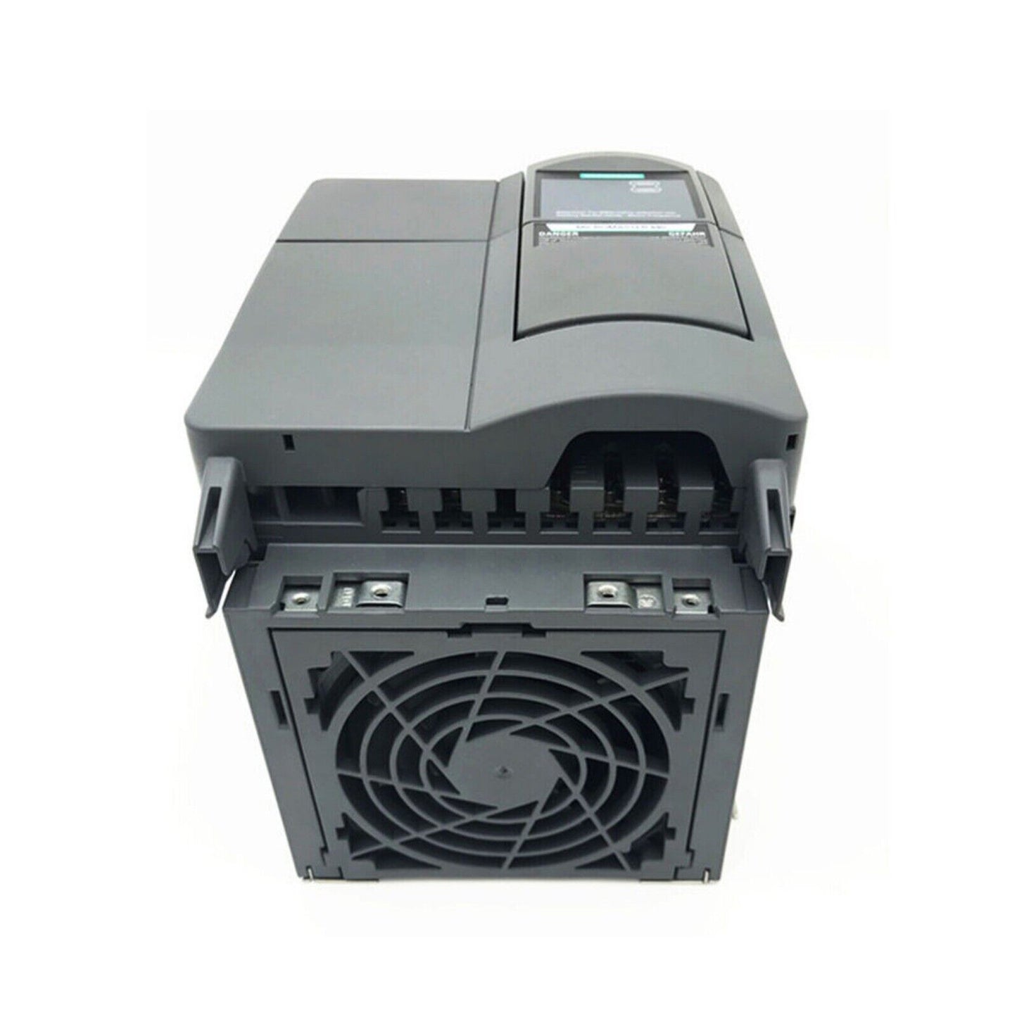 Siemens MICROMASTER 440 AC Drive, industrial motor control equipment, with fan and display, gray housing.