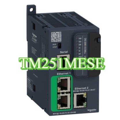 Schneider TM251MESE Programmable Controller, featuring Ethernet ports and serial connections for industrial automation.