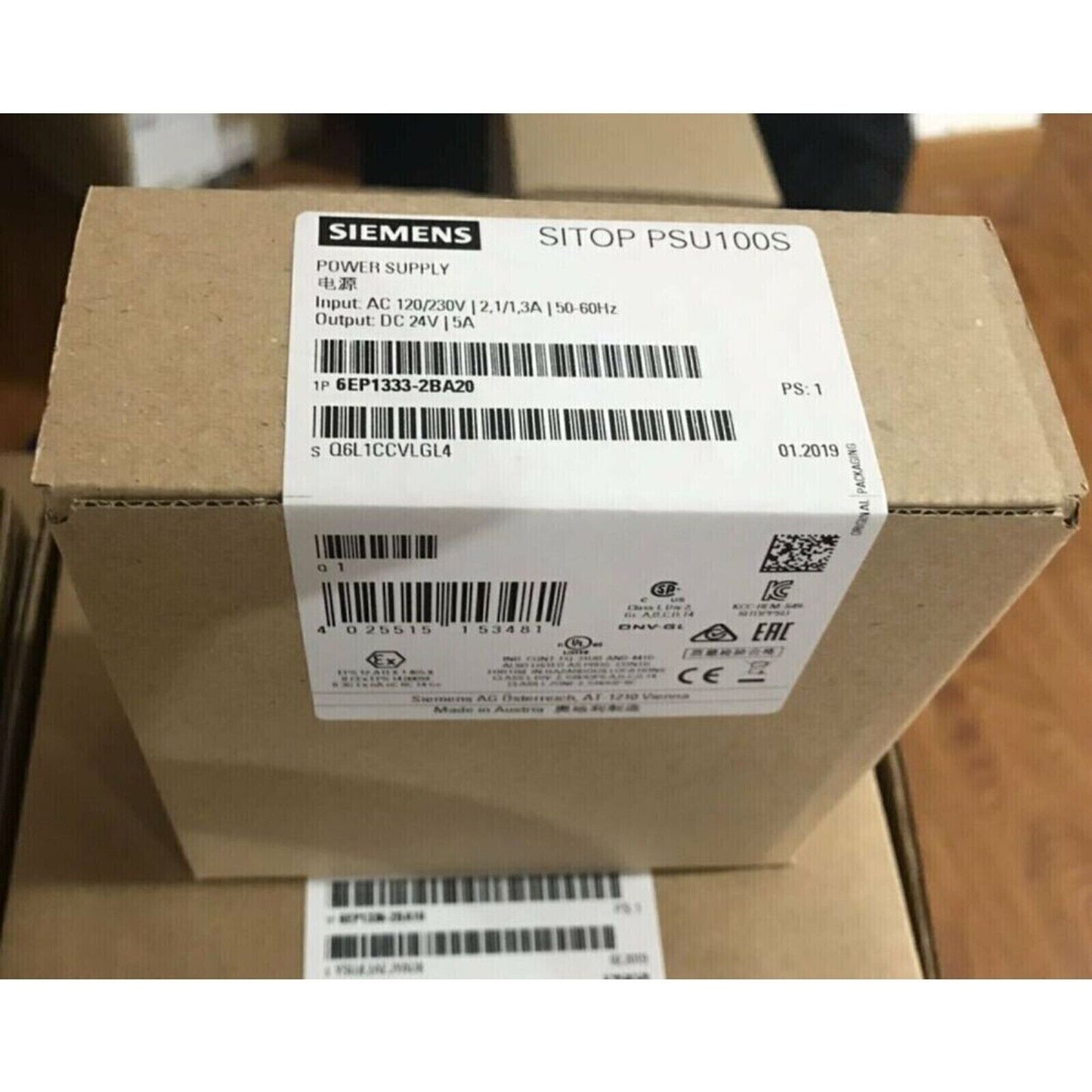 Siemens SITOP PSU100S power supply box, model 6EP1333-2BA20, industrial automation part. Features 24V/5A output.