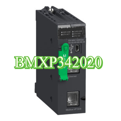 Schneider BMXP342020 CPU340-20 Modbus PLC module, black and green, Ethernet port.