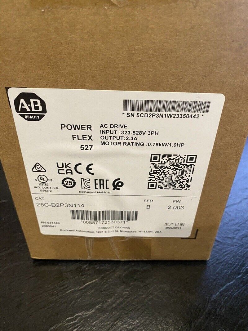 Allen-Bradley PowerFlex 527 AC Drive 25C-D2P3N114, product label showing specifications and certifications, new in box