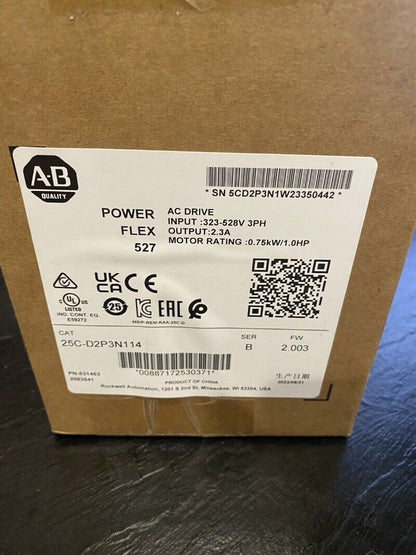 Allen-Bradley PowerFlex 527 AC Drive 25C-D2P3N114, product label showing specifications and certifications, new in box