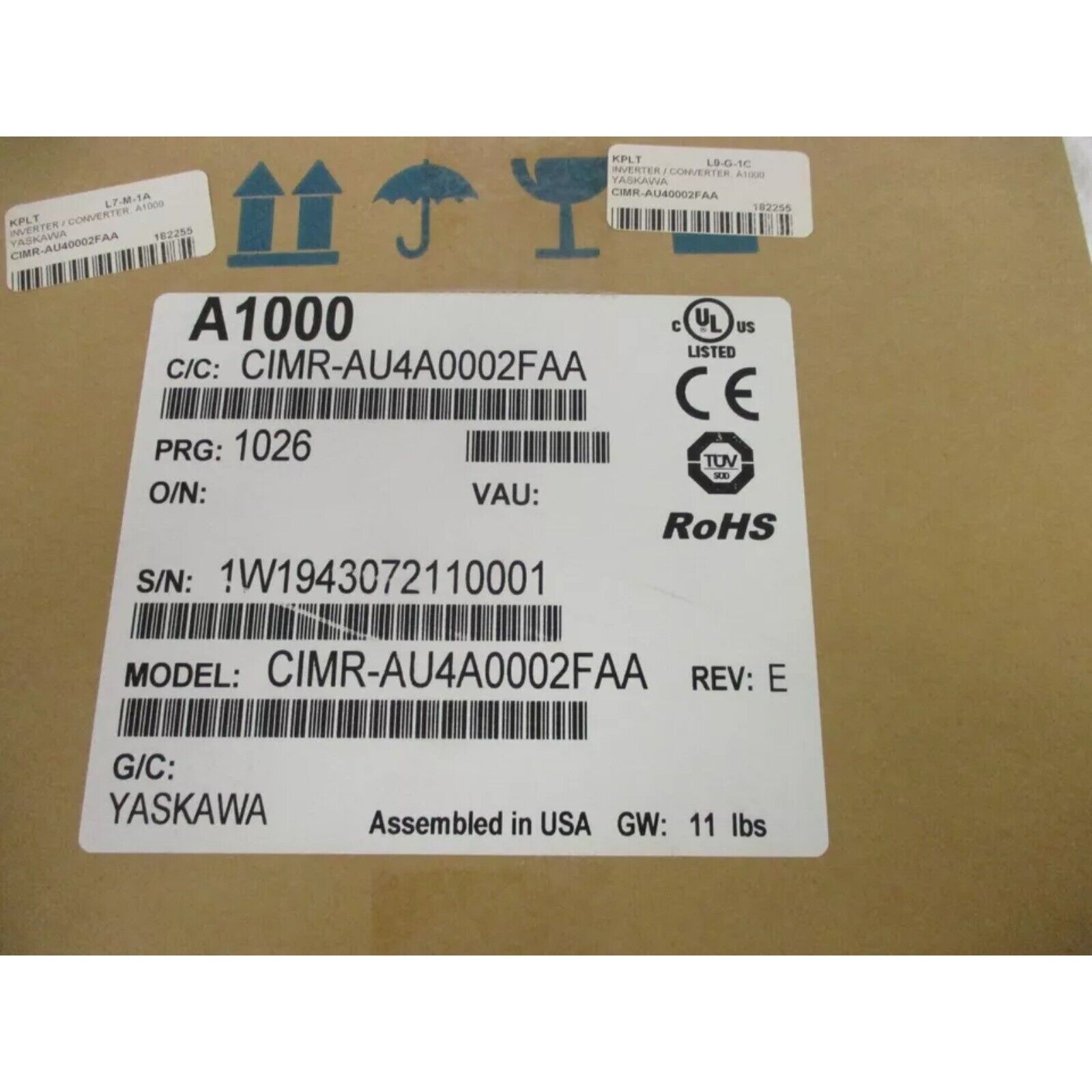 YASKAWA A1000 AC Drive CIMR-AU4A0002FAA product label, industrial automation equipment, assembled in USA