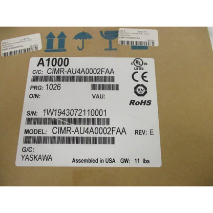 YASKAWA A1000 AC Drive CIMR-AU4A0002FAA product label, industrial automation equipment, assembled in USA