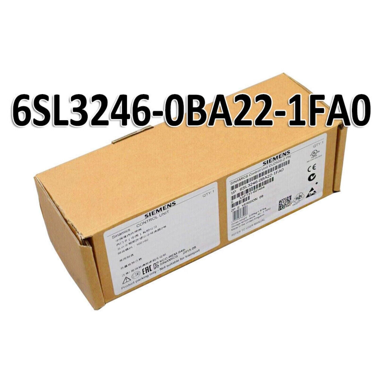 Siemens SINAMICS G120 Control Unit 6SL3246-0BA22-1FA0 in box, product details visible.