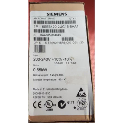 Siemens MICROMASTER 420 VFD, Model 6SE6420-2UC15-5AA1, 0.55kW, industrial automation part, panel mount