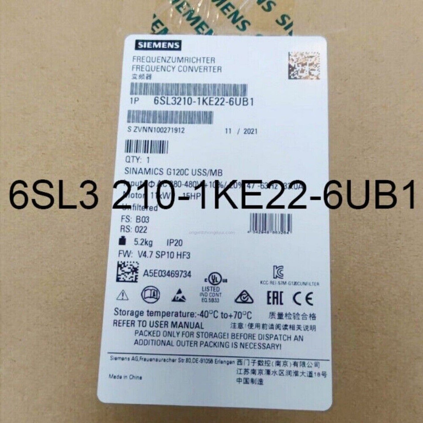 PLC | Siemens | 6SL3 210-1KE22-6UB1 6SL3210-1KE22-6UB1 SINAMICS G120C Rated Power