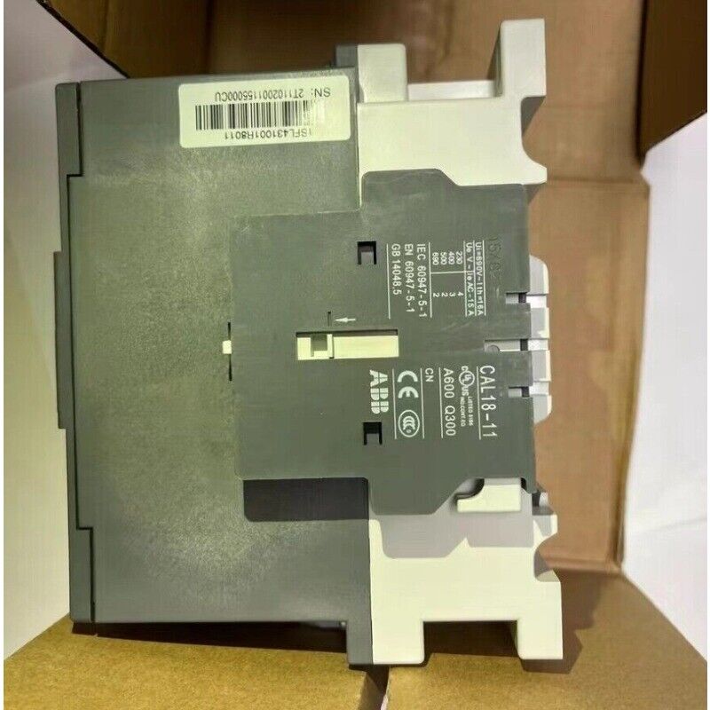 ABB CAL18-11 Contactor, side view. Industrial automation component, gray and white.