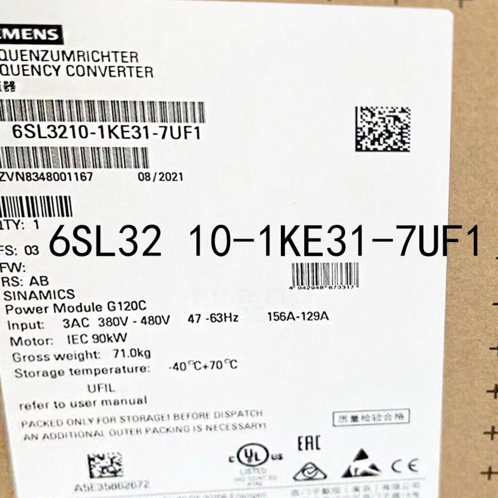 Siemens SINAMICS G120C Power Module 6SL3210-1KE31-7UF1 label with product specifications, industrial automation part.
