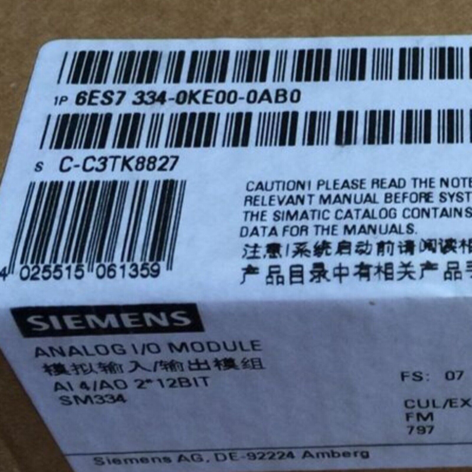 Siemens S7-300 Analog I/O Module with part number 6ES7 334-0KE00-0AB0, AI 4/AO 2*12BIT, SM334
