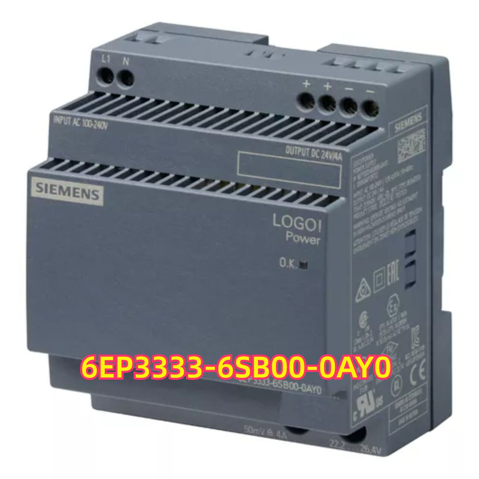 Siemens LOGO! Power supply 6EP3333-6SB00-0AY0, 24V/4A, for industrial automation