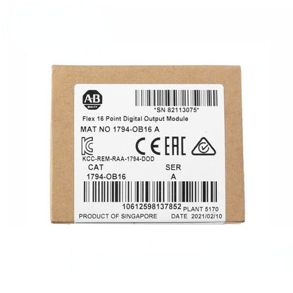 Allen-Bradley 1794-OB16 FLEX I/O Digital Output Module box, features product information, and certifications.