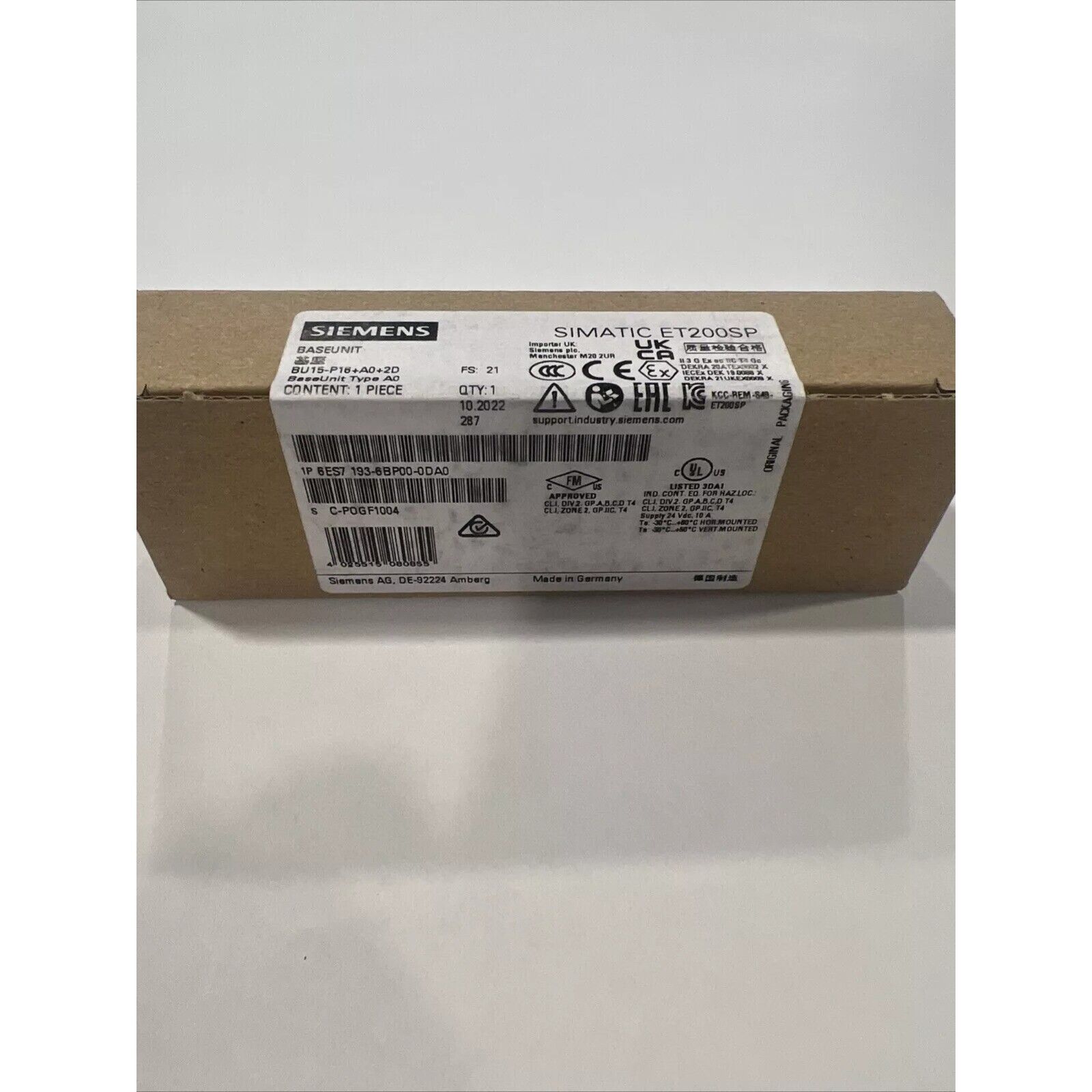 Siemens SIMATIC ET 200SP BaseUnit 6ES7193-6BP00-0DA0, Industrial Automation Part