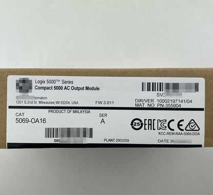 Allen-Bradley 5069-OA16 Compact 5000 AC Output Module product label, industrial automation part details, Product of Malaysia.
