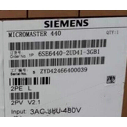 Siemens MICROMASTER 440 drive label with model 6SE6440-2UD41-3GB1, industrial automation component.