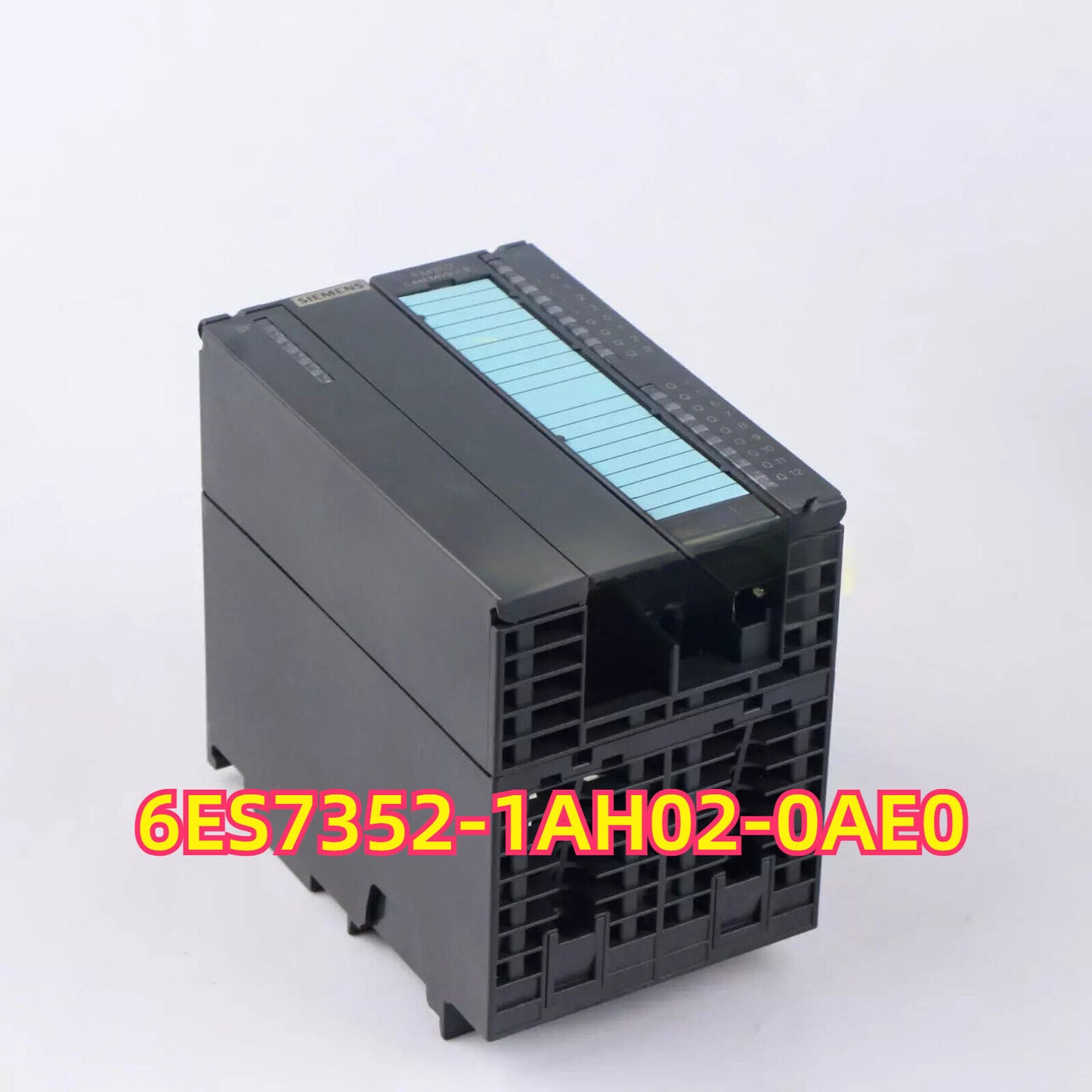 Siemens S7-300 FM 352 Cam Controller. Black and light blue industrial automation PLC module.