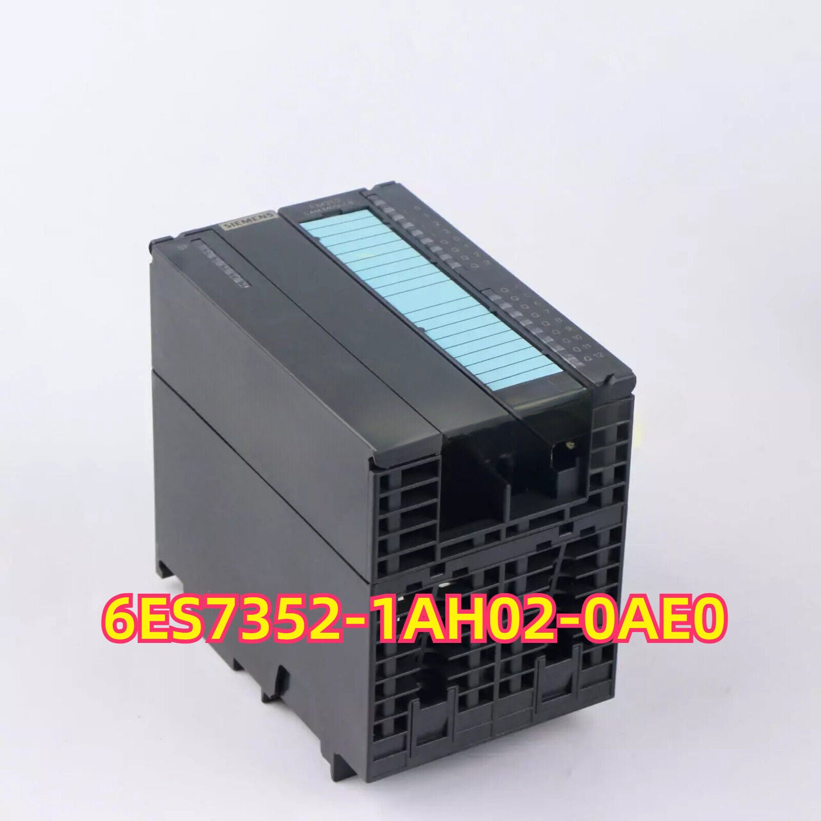 Siemens S7-300 FM 352 Cam Controller. Black and light blue industrial automation PLC module.