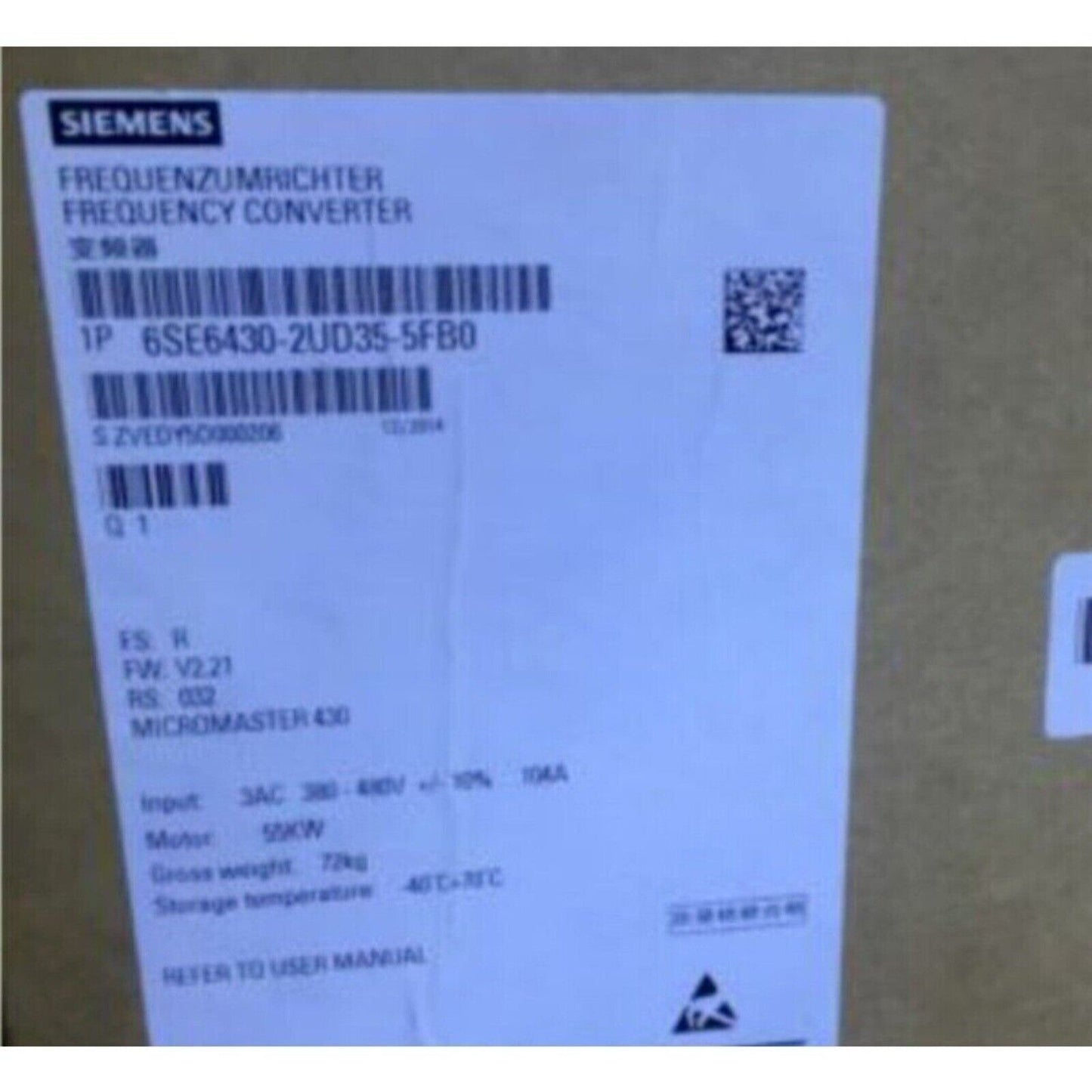 Siemens MICROMASTER 430 Frequency Converter product label, model 6SE6430-2UD35-5FB0, industrial automation component.