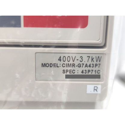 Yaskawa G7 Drive CIMR-G7A43P7 Inverter, beige plastic casing, 400V-3.7kW specifications visible.