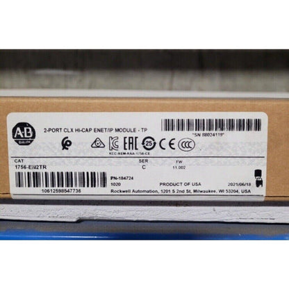 Allen-Bradley 1756-EN2TR EtherNet/IP module label, Product of USA, ControlLogix series, dual-port design.