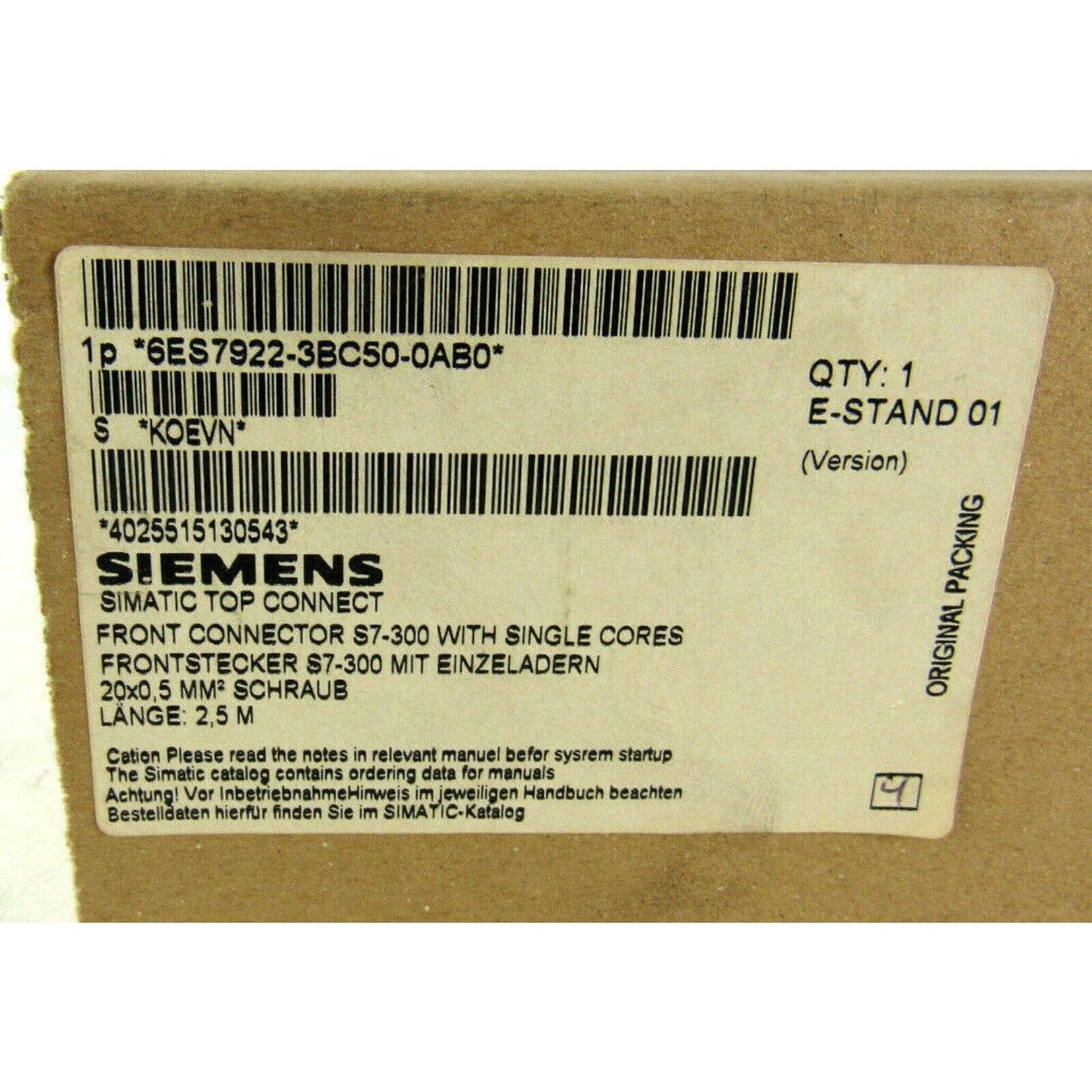 Siemens 6ES7922-3BC50-0AB0 Front connector for S7-300, industrial automation part, original packing.