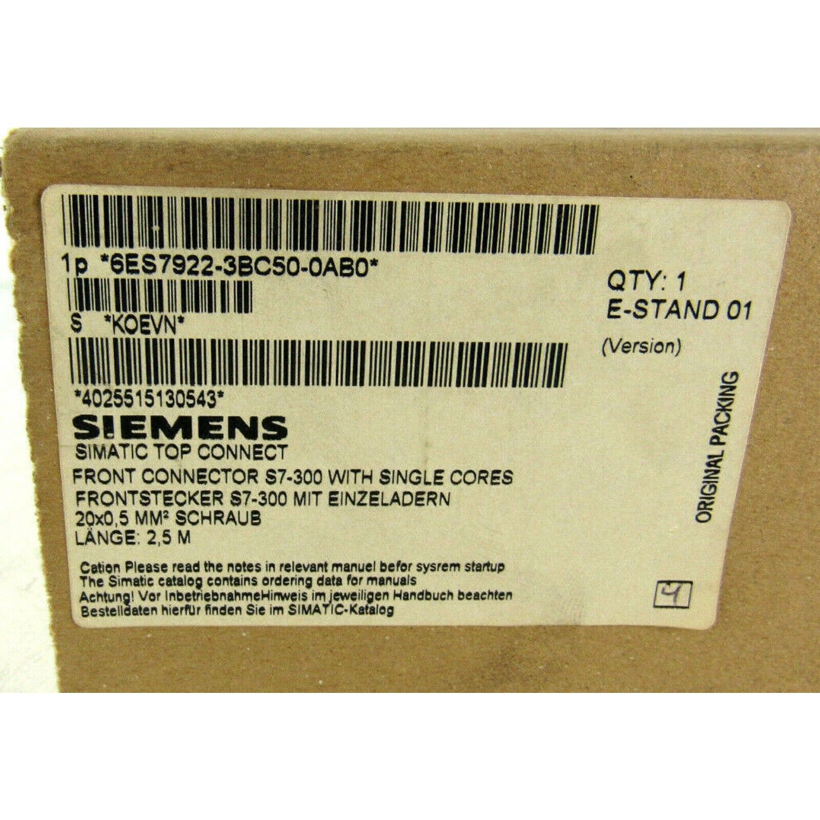 Siemens 6ES7922-3BC50-0AB0 Front connector for S7-300, industrial automation part, original packing.