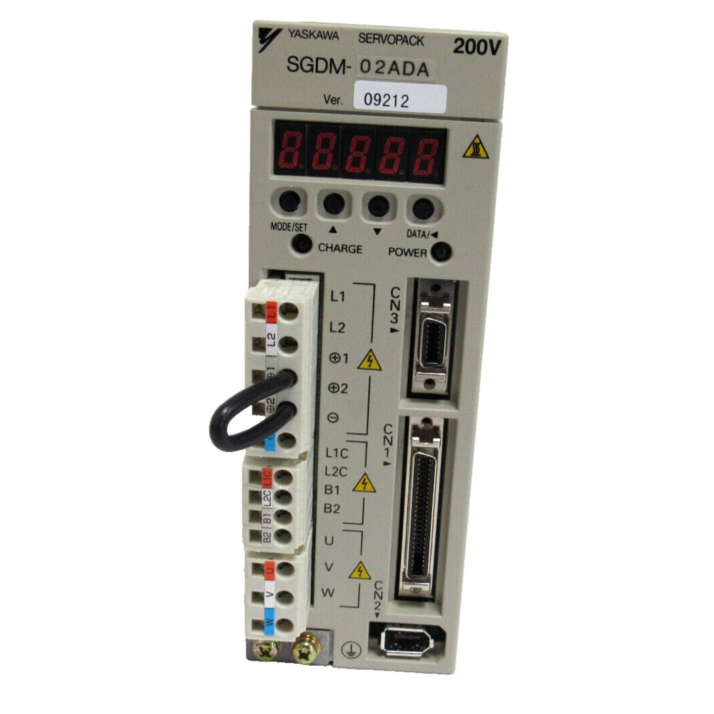 YASKAWA SERVOPACK SGDM-02ADA servo drive, 200V. Industrial automation part with digital display and connector.