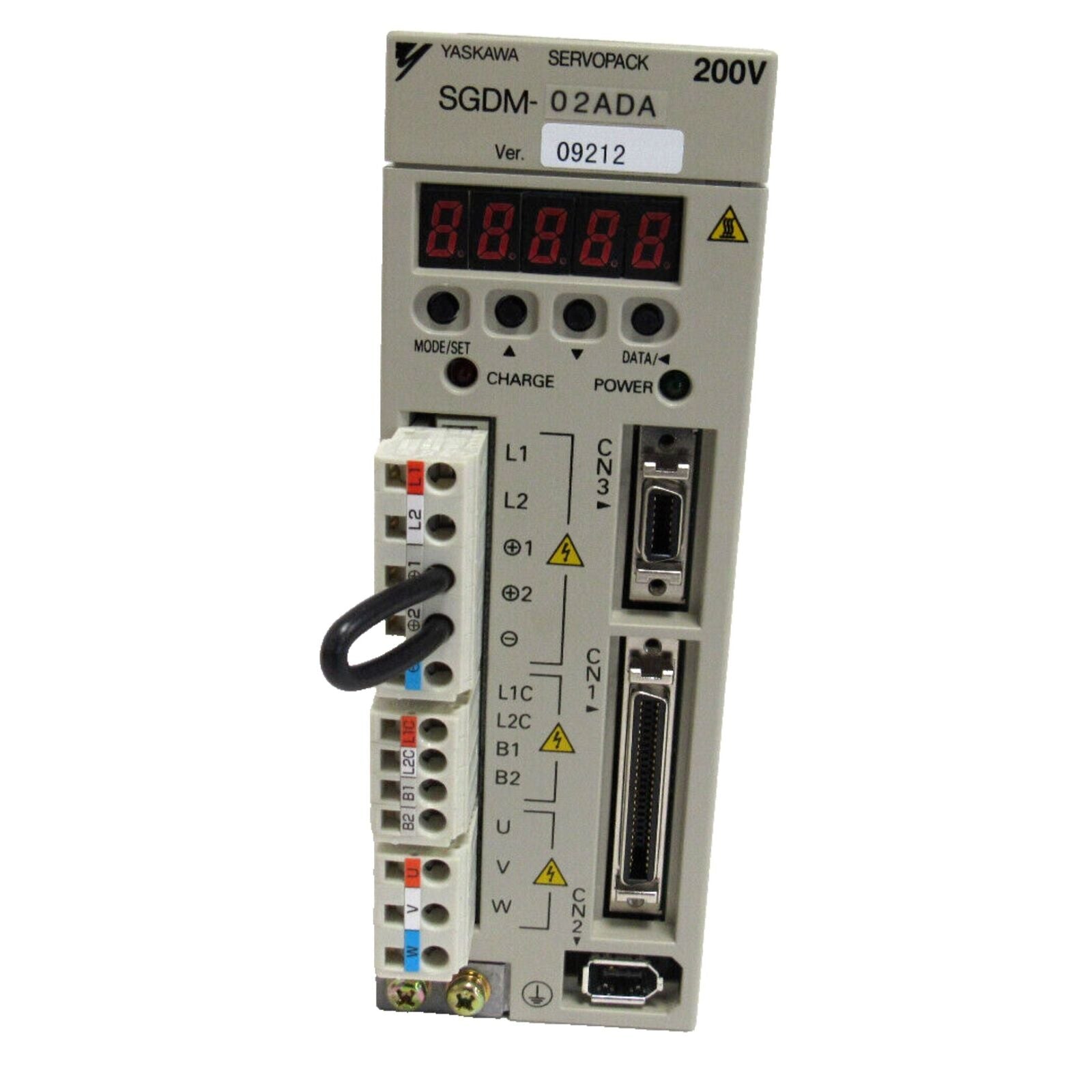YASKAWA SERVOPACK SGDM-02ADA servo drive, 200V. Industrial automation part with digital display and connector.