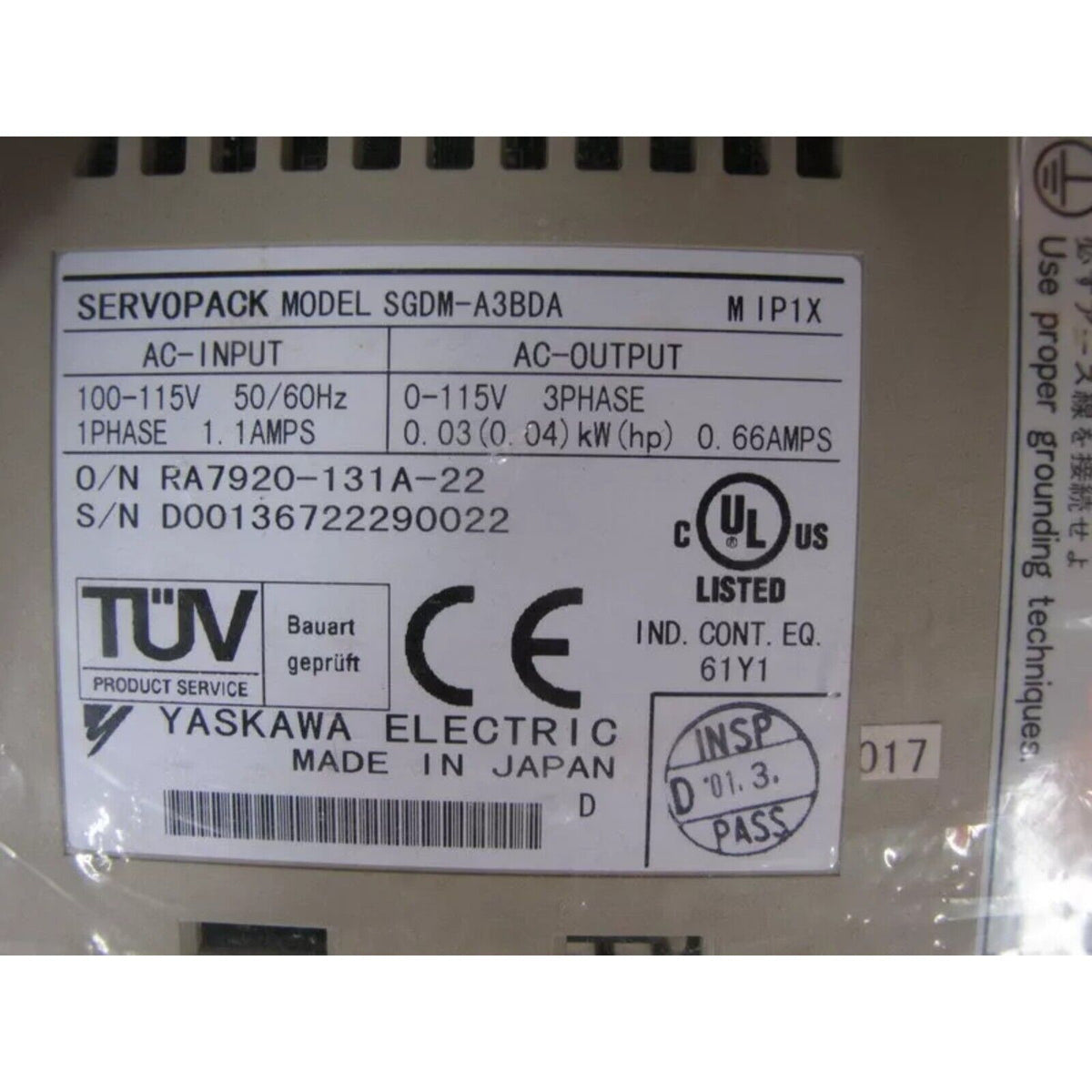 YASKAWA SGDM-A3BDA Servo Drive, industrial automation part label with specifications, Made in Japan
