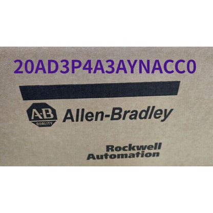 Allen-Bradley PowerFlex 70 AC Drive product packaging, with model number 20AD3P4A3AYNACC0, industrial automation component.