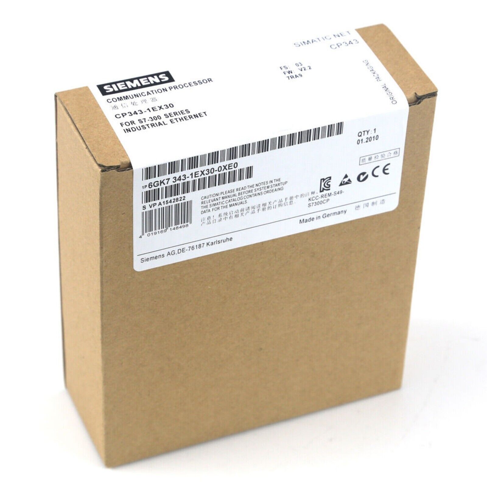 Siemens SIMATIC NET CP343-1EX30 communication processor box, S7-300 series Industrial Ethernet, Made in Germany.