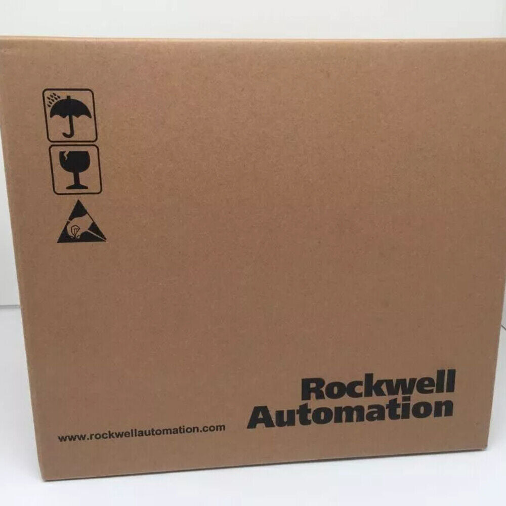 Rockwell Automation shipping box, brown cardboard with fragility symbols, PLC product packaging.
