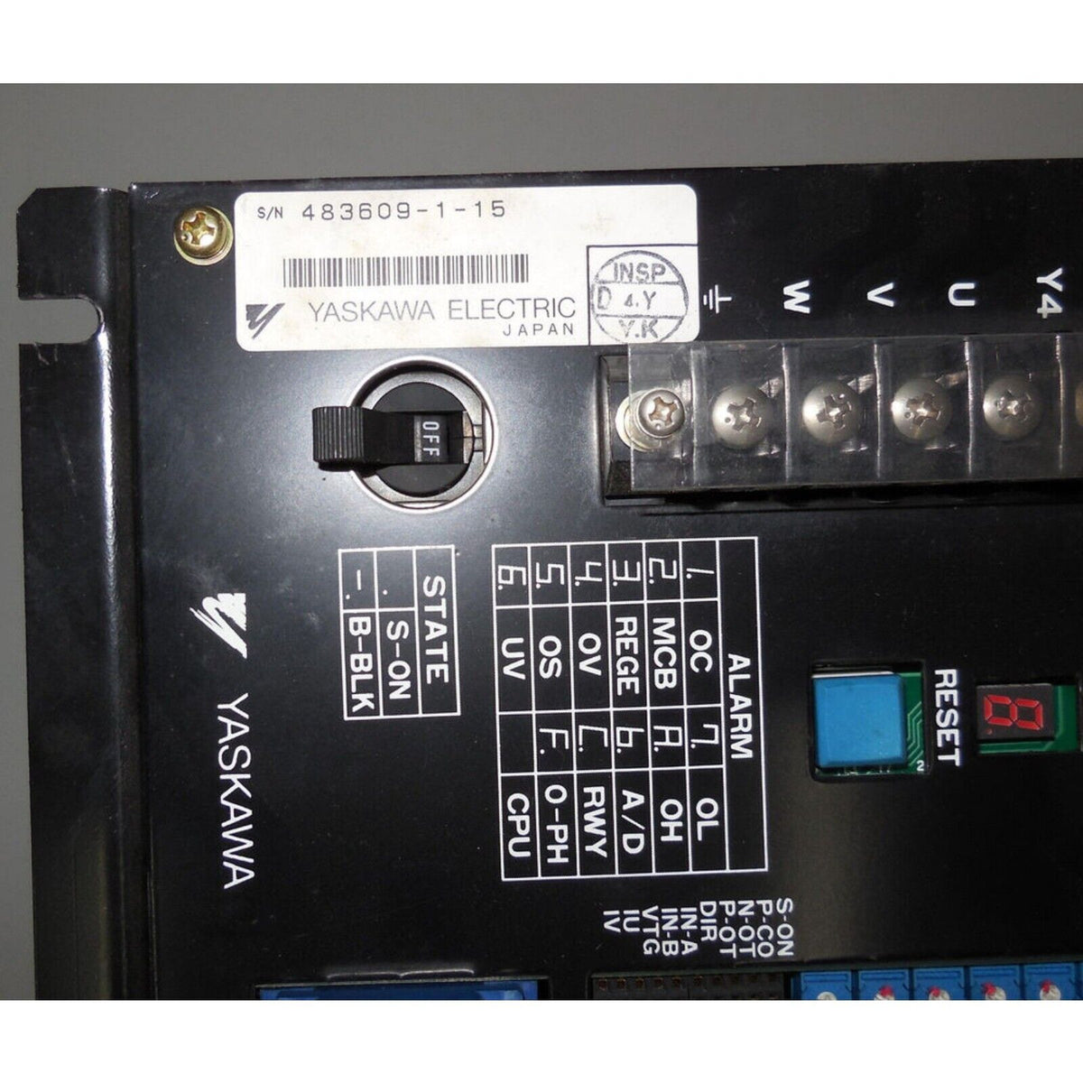 Yaskawa servo drive CACR-SR05BC1ES-Y278 detail: power switch, labels, and ports.