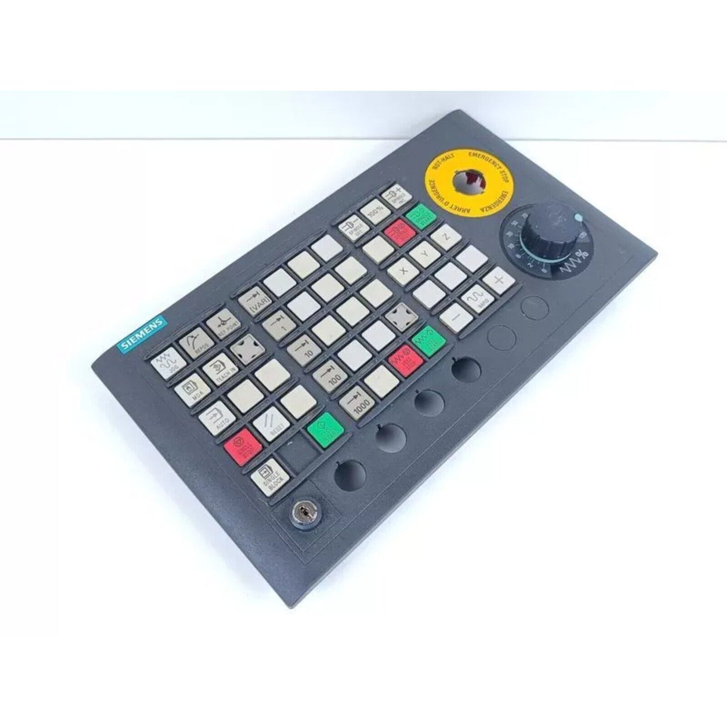Siemens 6FC5303-0AF23-0AA1 Control Panel: Industrial automation control panel with buttons and emergency stop.