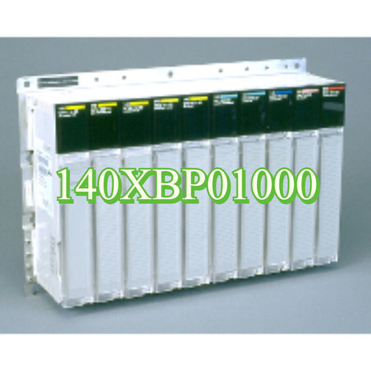 Schneider Electric 140XBP01000 Quantum PLC backplane. 10-slot design for industrial automation.