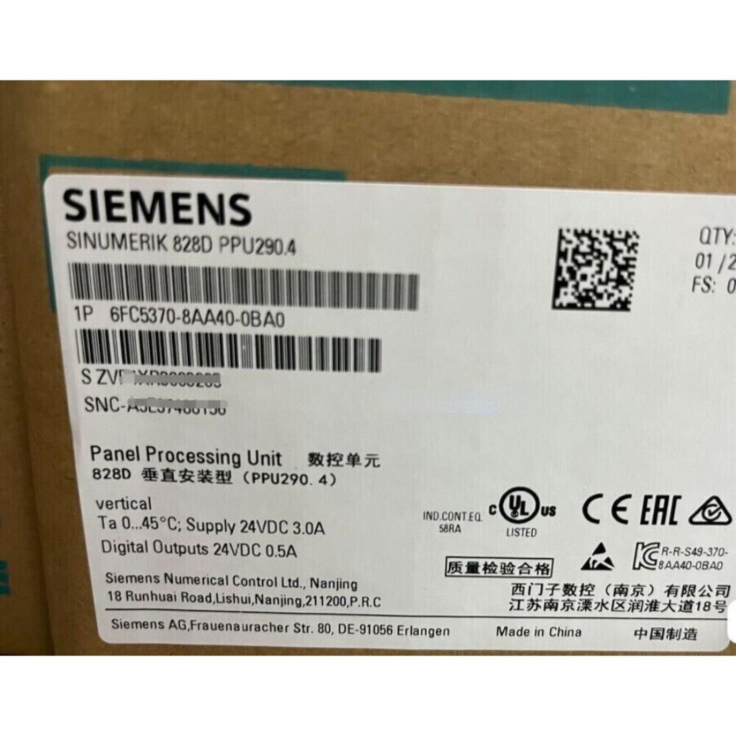 Siemens SINUMERIK 828D PPU290.4 Control Panel, 6FC5370-8AA40-0BA0, product label