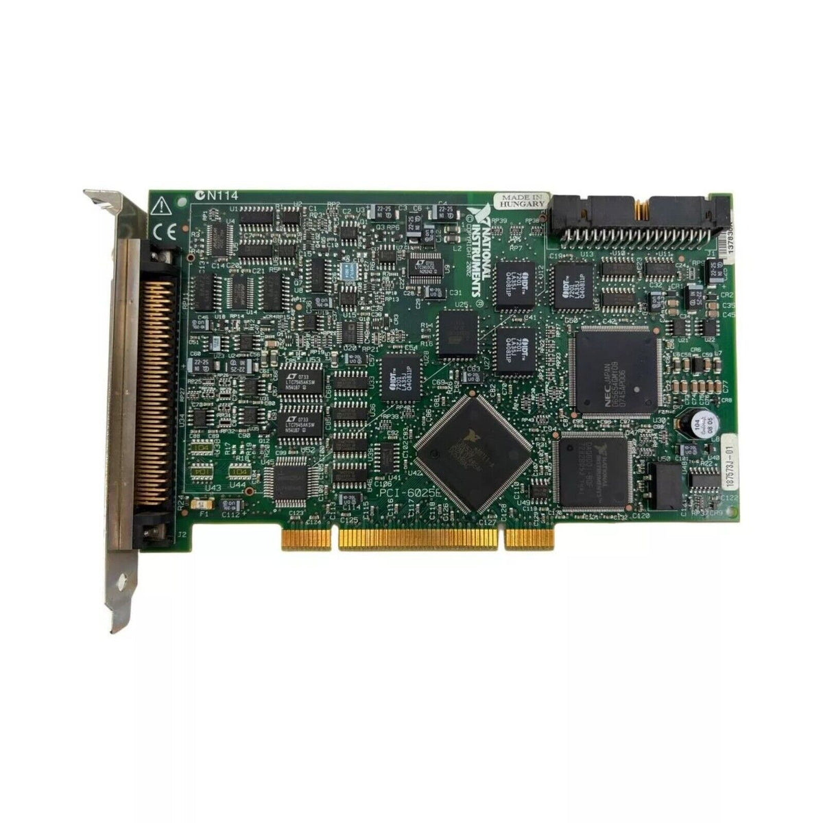 National Instruments PCI-6025E I/O card. Green circuit board with chips and connectors.