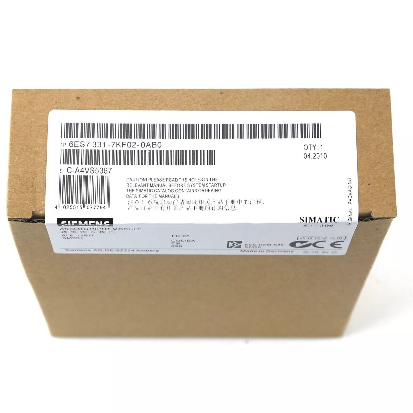 Siemens SM 331 analog input module 6ES7 331-7KF02-0AB0, product packaging, Made in Germany.