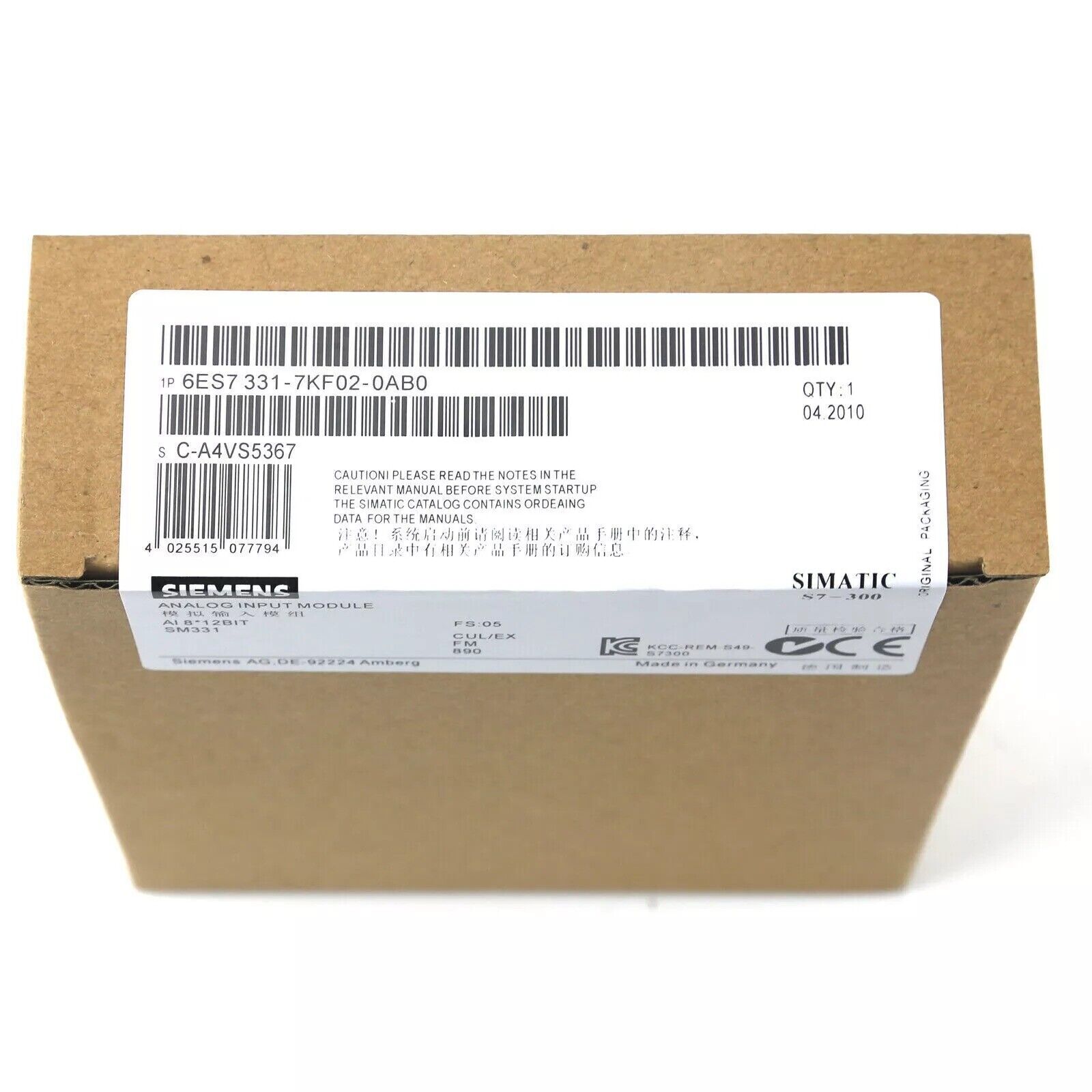 Siemens SM 331 analog input module 6ES7 331-7KF02-0AB0, product packaging, Made in Germany.