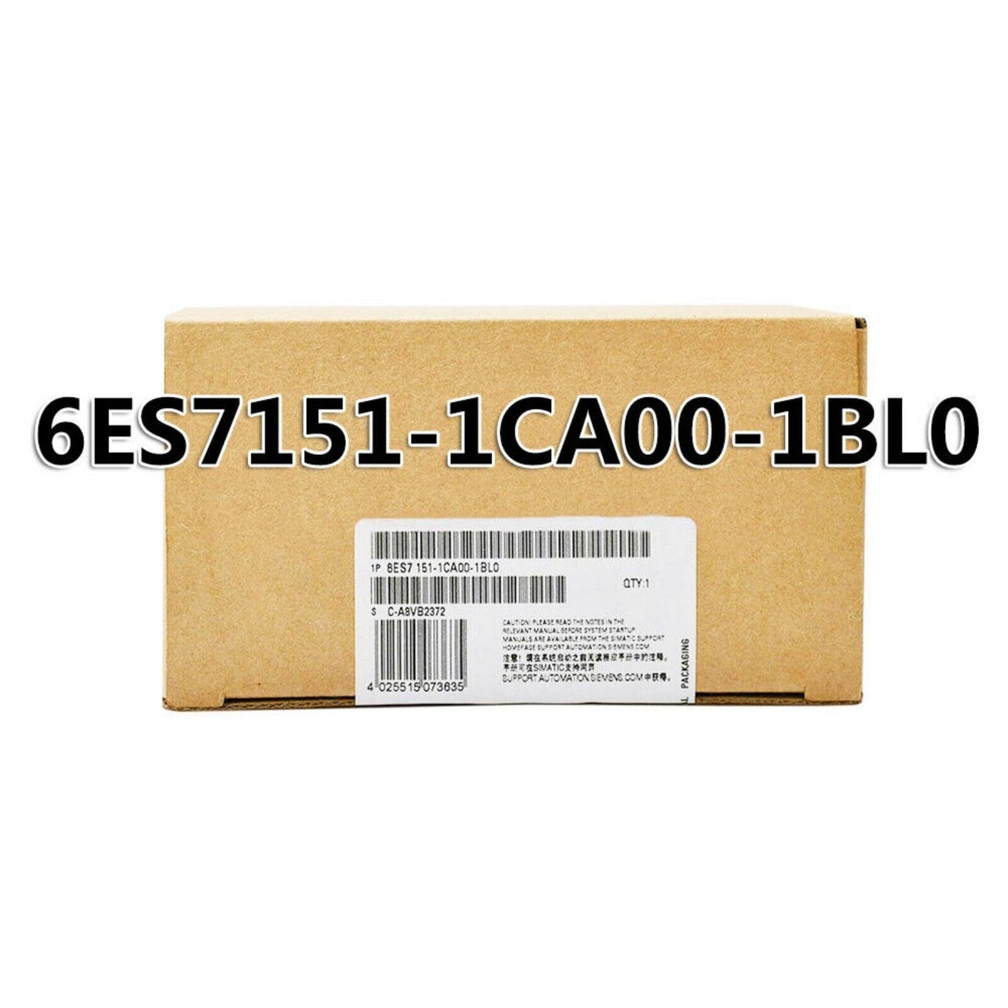 Siemens 6ES7151-1CA00-1BL0 PLC module packaging, industrial automation part with product details.