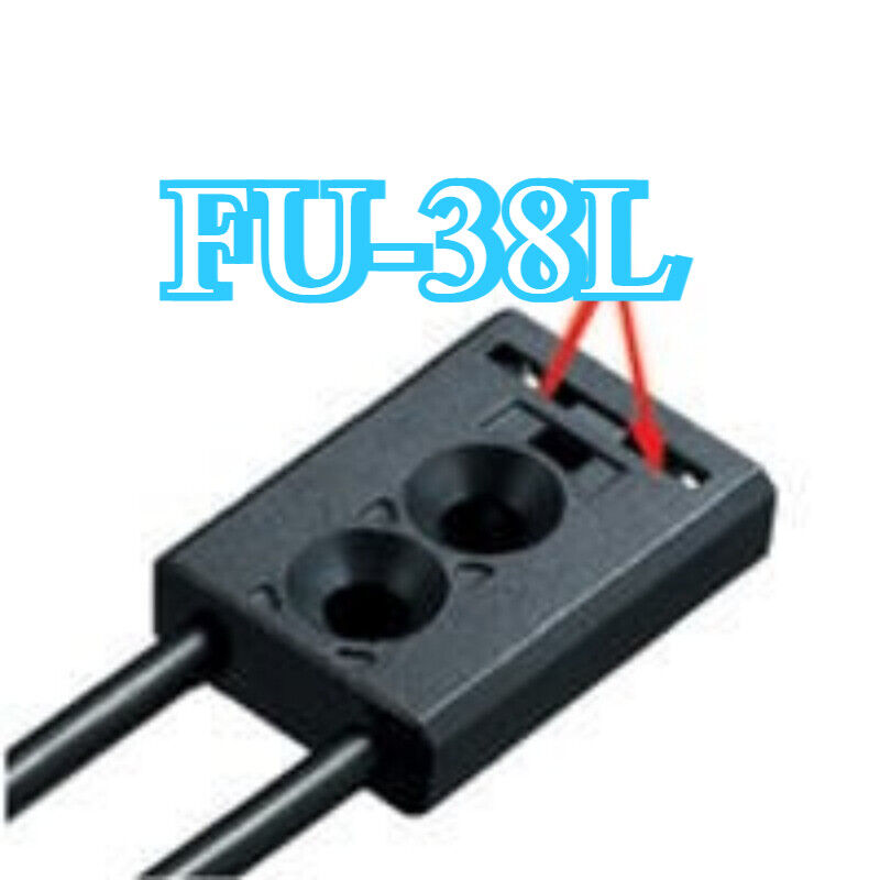 Keyence FU-38L Fiber Optic Sensor, black housing, visible red laser beams, and black cables.
