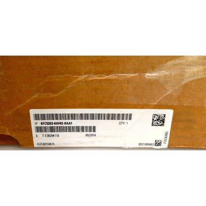 Siemens SINUMERIK 6FC5203-0AF02-0AA1 operator panel shipping box with labels and barcodes, qty 1, manufactured 09/2014.