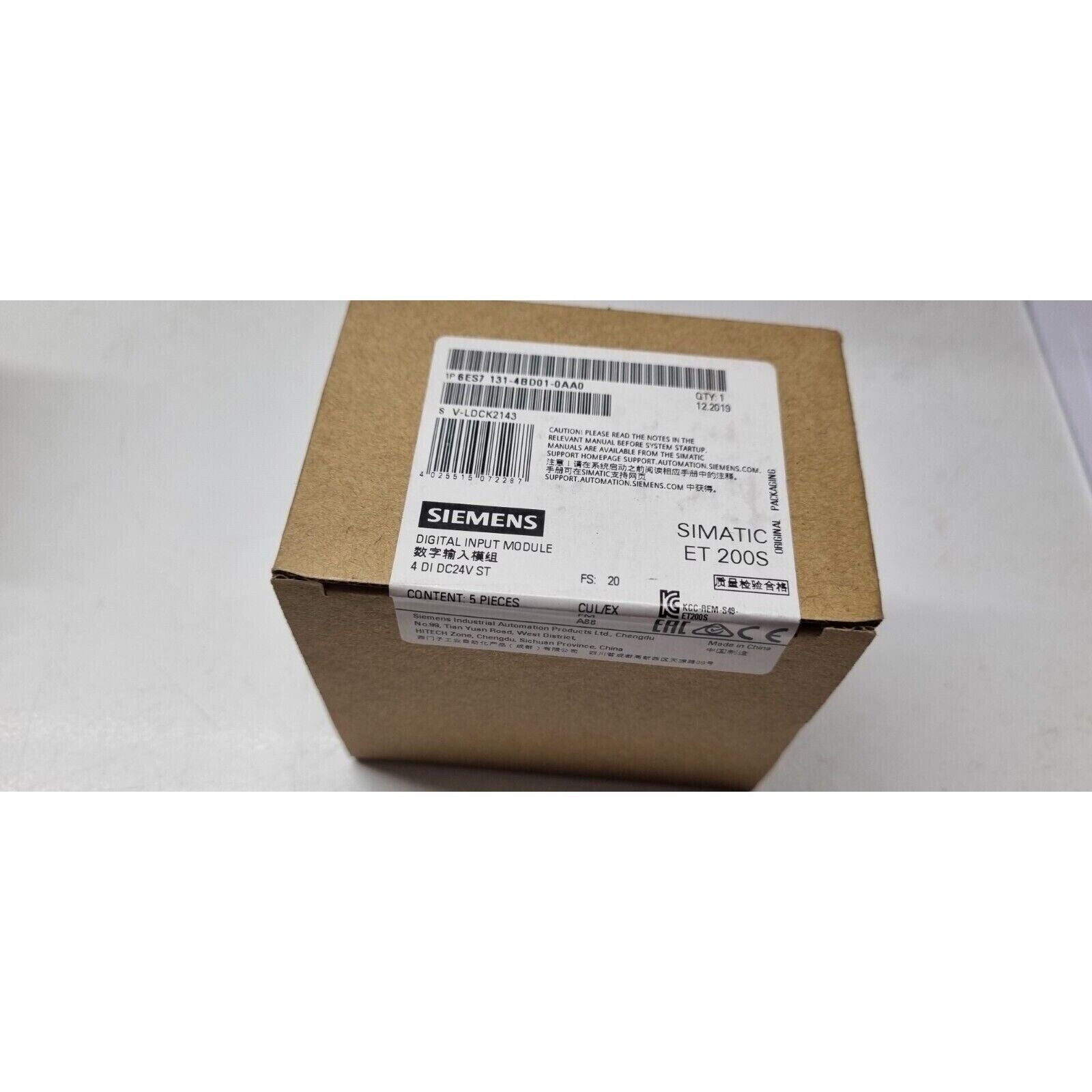 Siemens SIMATIC ET 200S Digital Input Module 6ES7131-4BD01-0AA0 packaging, 4 DI DC24V, industrial automation part.
