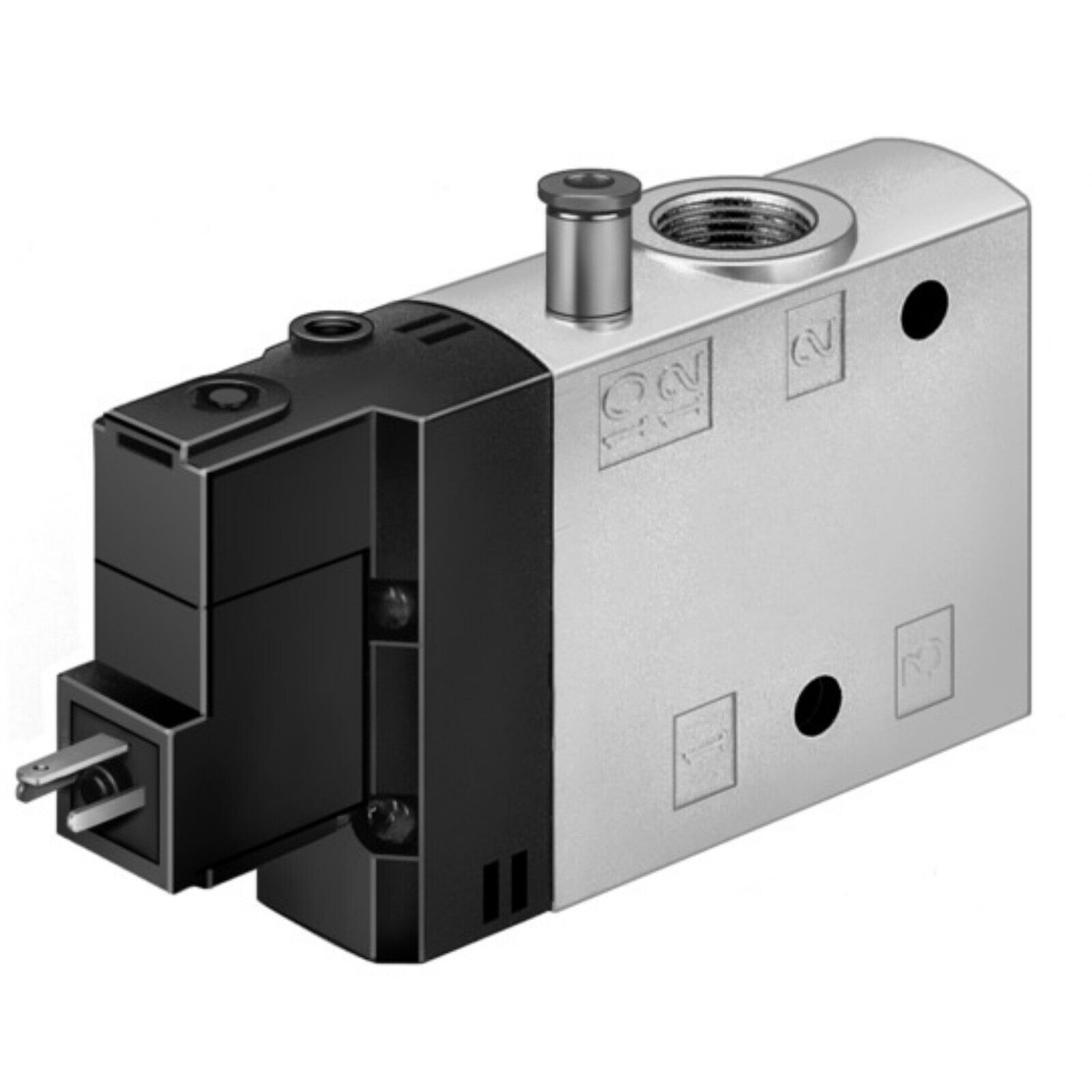 Festo CPE24-M1H-3GLS-3/8 Solenoid Valve. Silver body with black accents, includes port labels and ON marking.