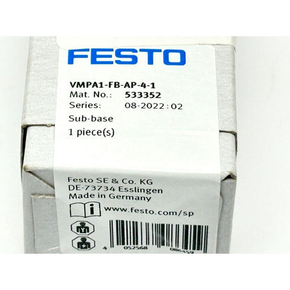 Festo VMPA1-FB-AP-4-1 Sub-base, industrial automation part in box, Made in Germany.