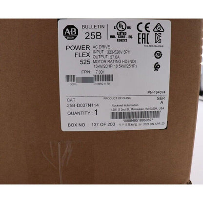 Allen-Bradley PowerFlex 525 AC Drive, Model 25B-D037N114, Factory Sealed New