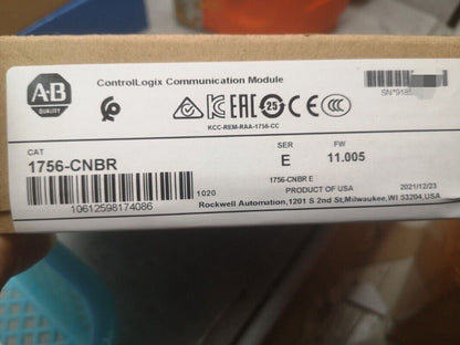 Allen-Bradley 1756-CNBR ControlLogix module box with details: Series E, FW 11.005, manufactured by Rockwell Automation.