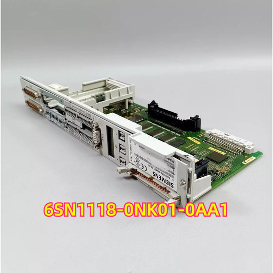 Siemens 6SN1118-0NK01-0AA1 SIMODRIVE 611 U HR 2-Axis PLC module. White and green industrial automation component.