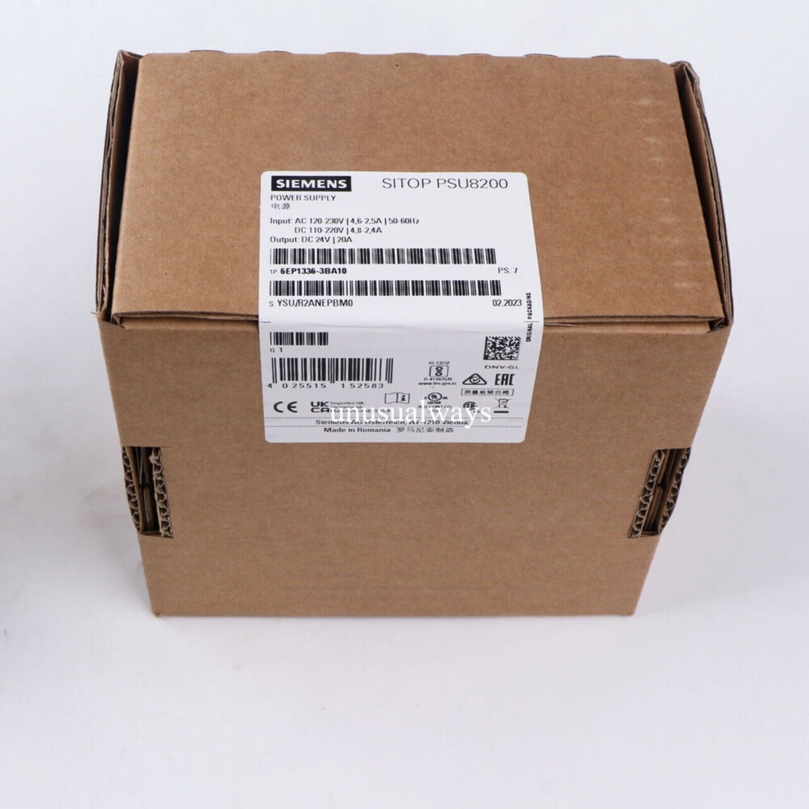 Siemens 6EP1336-3BA10 SITOP PSU8200 power supply in box, industrial automation part, product label details.